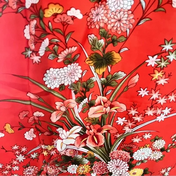 Vintage 1960s Red Floral Japanese Maxi Mandarin Collar House or Evening Coat L - Picture 10 of 11